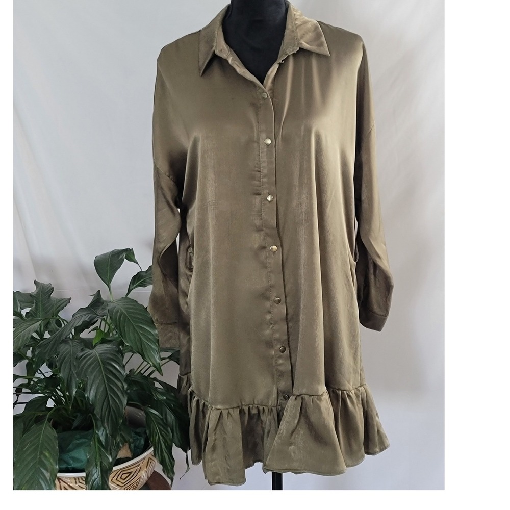 Zara Olive Green Satin Ruffle Hem Button Down Shirt Dress Large L Long Sleeve